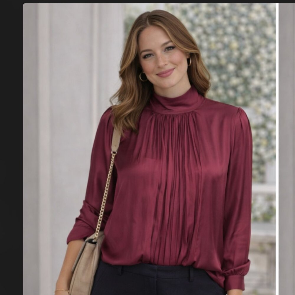 NWT Massimo Dutti Mock Neck Pleated Blouse Satin Small Burgundy Red